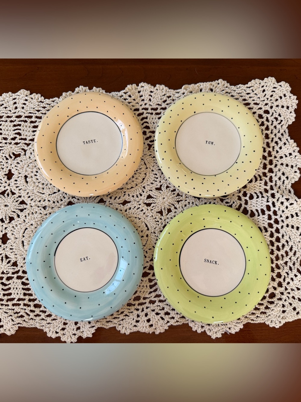 Rae Dunn Pastel Polka Dot Dessert Plates - Blue, Peach, Green, Cream - Picture 2 of 3